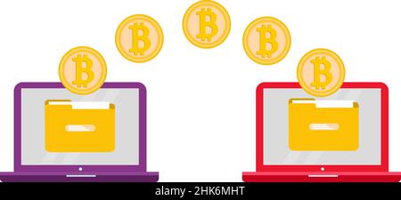 Bitcoin è una transazione laptop-to-laptop. Il concetto di criptovaluta. Illustrazione vettoriale. Illustrazione Vettoriale