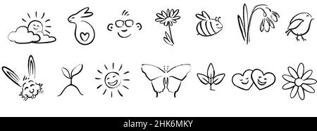 Collezione di simpatiche icone dei cartoni animati di primavera disegnate a mano Illustrazione Vettoriale