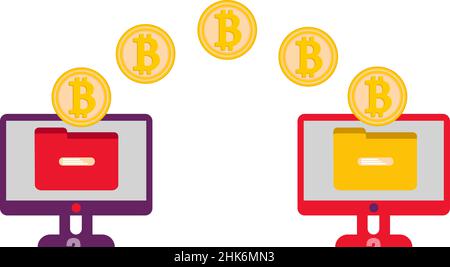 Il concetto di criptovaluta. Immagine vettoriale su sfondo bianco. Trasferimento di bitcoin dal computer al computer. Traduzione online. Illustrazione Vettoriale