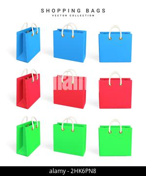 3d borse vuote rosse, verdi e blu. Concetto di shopping. Illustrazione vettoriale. Illustrazione Vettoriale
