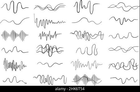 Impostare le onde sonore isolate su sfondo bianco. Diversi tipi di forme di musica frequenza audio, colonna sonora, linea voce forma d'onda, ampiezza forme d'onda, elettro Illustrazione Vettoriale