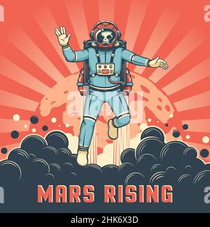 Astronauta marziana con decollo del jetpack Illustrazione Vettoriale