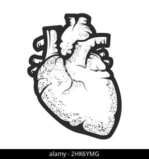 Icona anatomica del cuore umano, disegno a mano di linee e dotwork, cuore in tatuaggio o stampa vettore di disegno Illustrazione Vettoriale