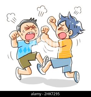 illustrazione manga di due ragazzi che combattono isolati su sfondo bianco Foto Stock