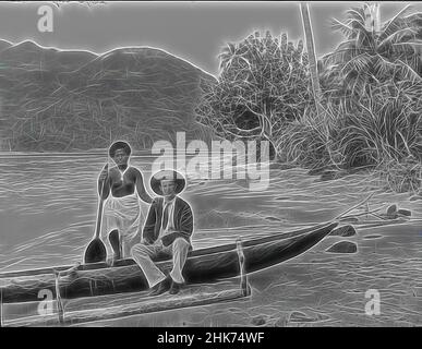 Ispirato da Pango Pango (sic) Harbour, Sauimatani & Bloomfield, studio Burton Brothers, studio fotografico, 23 luglio 1884, Dunedin, gelatine dry plate process, una donna samoana (Sauimatani) e un uomo europeo (Bloomfield) sono posti su una spiaggia con un ougrills, nel porto di Pago Pago. Sauimatani detiene un, reinventato da Artotop. L'arte classica reinventata con un tocco moderno. Design di calda e allegra luminosità e di raggi di luce. La fotografia si ispira al surrealismo e al futurismo, abbracciando l'energia dinamica della tecnologia moderna, del movimento, della velocità e rivoluzionando la cultura Foto Stock