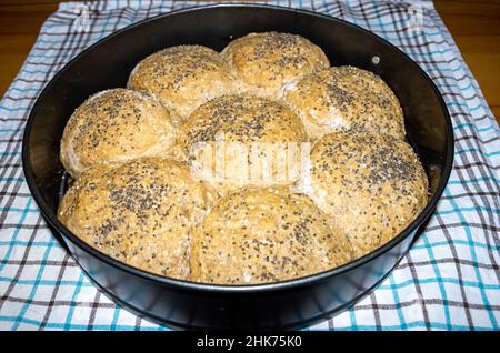 Ciambelle fresche fatte in casa cosparse di semi in una teglia da forno. Foto Stock