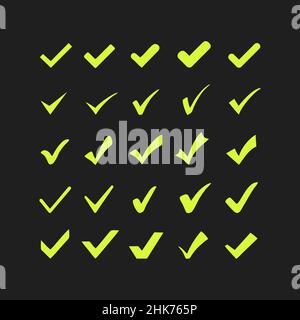 Segno di spunta giallo isolato su sfondo nero. Ideale per applicazioni, siti Web o clip art. Illustrazione Vettoriale