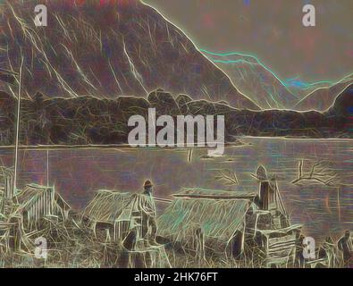 Ispirato a Milford Sound, The City, studio Burton Brothers, studio fotografico, 1882, Dunedin, fotografia, in primo piano è un uomo e un cane. Dietro di loro c'è un piccolo gruppo di capanne con tetto di paglia, al di là del quale si trova un'area di acqua e montagne. (Vedi sotto) la vista è presa guardando il fiume Arthur, reinventato da Artotop. L'arte classica reinventata con un tocco moderno. Design di calda e allegra luminosità e di raggi di luce. La fotografia si ispira al surrealismo e al futurismo, abbracciando l'energia dinamica della tecnologia moderna, del movimento, della velocità e rivoluzionando la cultura Foto Stock