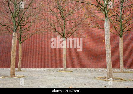 Facciata in mattoni con alberi Museo Kueppersmuehle, abbreviato MKM, Porto interno, Duisburg, Renania settentrionale-Vestfalia, Germania Foto Stock