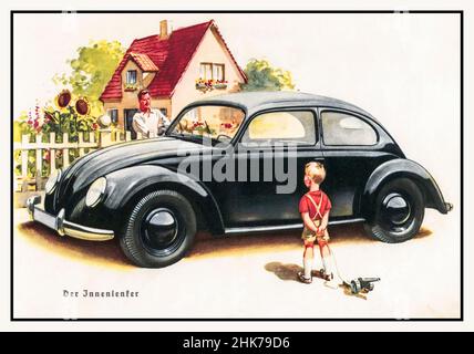 KDF Wagen 1930s pubblicità Volkswagen KDF Wagen, illustrazione dal manuale della prima Volkswagen / Beetle, 1939. Disegno: Ferdinand Porsche. Adolf Hitlers popoli auto che illustrano uno stile di vita idealistico sotto il regime nazista Foto Stock