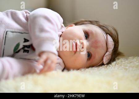 Neonato, bambino, ragazza, 5 mesi, Baden-Wuerttemberg, Germania Foto Stock