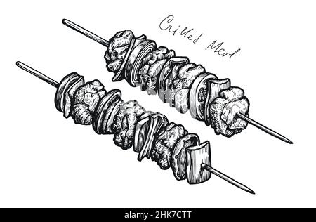 Kebab di carne alla griglia su spiedini bastone illustrazione vettoriale. Barbecue cibo schizzo Illustrazione Vettoriale