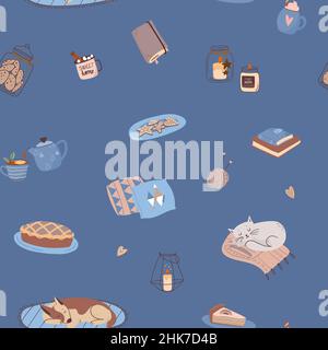 Motivo intimo senza cuciture in stile hygge. Cani e gatti che dormono, candele e dolci, cacao con marshmallows. Vettoriale in stile piatto Illustrazione Vettoriale