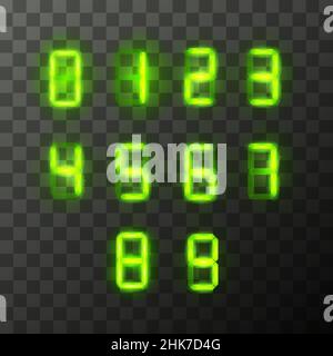 Numeri digitali vintage verdi, lettere tehnic retrò su sfondo trasparente Illustrazione Vettoriale