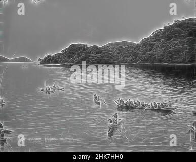 Ispirato da Pango Pango (sic), Samoa, Burton Brothers studio, studio fotografico, luglio 1884, Dunedin, fotografia in bianco e nero, guardando verso il basso su una grande canoa centro a destra, quattro Outrigger in vista completa e due Outrigger sinistra e tre destra parzialmente visibile sul mare. Collina che sale sullo sfondo a destra, reimmaginato da Artotop. L'arte classica reinventata con un tocco moderno. Design di calda e allegra luminosità e di raggi di luce. La fotografia si ispira al surrealismo e al futurismo, abbracciando l'energia dinamica della tecnologia moderna, del movimento, della velocità e rivoluzionando la cultura Foto Stock