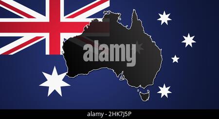 Immagine composita composta dalla mappa dell'Australia di fronte alla sua bandiera. Foto Stock
