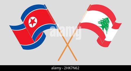 Bandiere incrociate e sventolanti del Libano e della Corea del Nord. Illustrazione vettoriale Illustrazione Vettoriale