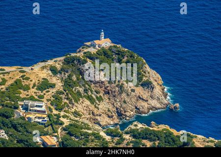 Veduta aerea, Faro di Punta de Capdepera, Isole Baleari, Maiorca, Capdepera, Isole Baleari, Spagna, Cala Ratjada, ES, Europ Foto Stock