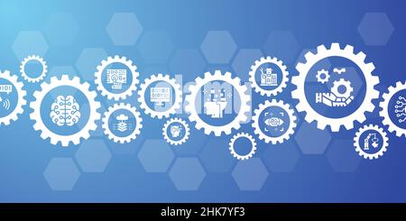 Modello di progettazione banner sito Web di intelligenza artificiale. Robotics, chatbot, Database, Big Data Vector Illustration per banner di presentazione del sito Web. Illustrazione Vettoriale