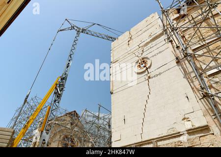 NORCIA, ITALIA - 12 GIUGNO 2019: Norcia, città situata nel cuore del Parco Nazionale dei Monti Sibillini, gravemente danneggiata dai terremoti del 20 Foto Stock