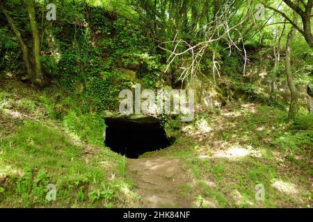 Antiche grotte scavate nella roccia tufo e utilizzate per l'abitazione umana in tempi antichi. Parco archeologico di Città del Tufo. Sorano, Sovana, Toscana, Italia. Foto Stock