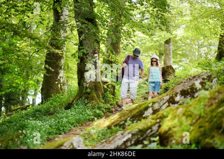 Padre e figlia seguendo un sentiero intorno al Santuario la Verna, chiusi della Verna, nella foresta secolare del Casentino, una delle più grandi foreste dell'euro Foto Stock