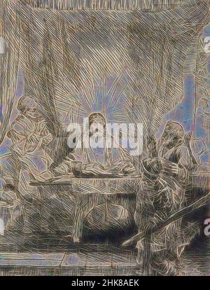 Ispirato da Cristo ad Emmaus: Il piatto più grande., Rembrandt van Rijn, artista, 1654, Paesi Bassi, Etching, durante la sua vita, le straordinarie capacità di Rembrandt come tipografo sono state la fonte principale della sua fama internazionale. A differenza dei suoi dipinti ad olio, le stampe viaggiavano leggere ed erano relativamente economiche, reinventate da Artotop. L'arte classica reinventata con un tocco moderno. Design di calda e allegra luminosità e di raggi di luce. La fotografia si ispira al surrealismo e al futurismo, abbracciando l'energia dinamica della tecnologia moderna, del movimento, della velocità e rivoluzionando la cultura Foto Stock
