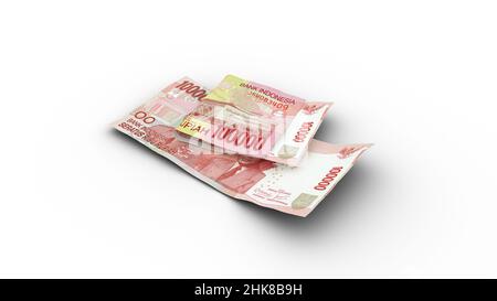 3D rendering di Double 100000 note rupia indonesiane con ombre su sfondo bianco Foto Stock