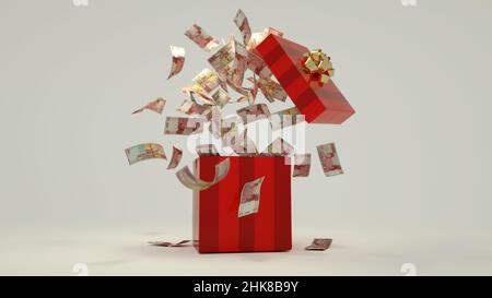 3D rendering di un sacco di 100000 note rupia indonesiane uscenti da una scatola regalo aperta rossa Foto Stock