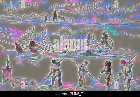 Ispirato al paesaggio con torre della chiesa, barche a remi e uomini che tagliano fieno, reinventato da Artotop. L'arte classica reinventata con un tocco moderno. Design di calda e allegra luminosità e di raggi di luce. La fotografia si ispira al surrealismo e al futurismo, abbracciando l'energia dinamica della tecnologia moderna, del movimento, della velocità e rivoluzionando la cultura Foto Stock