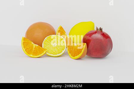 Limoni d'arancia freschi e succosi e melograno isolati su sfondo bianco, aranci e limoni tagliati a metà Foto Stock