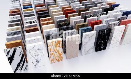 granito e marmo countertops campioni di colore, piano cucina lastre, bagno vanity piano di lavoro piastrelle al quarzo pavimento Foto Stock