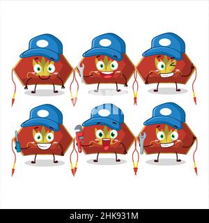 meccanico rosso cinese donna cappello carino mascotte personaggio con pinze. Illustrazione vettoriale Illustrazione Vettoriale