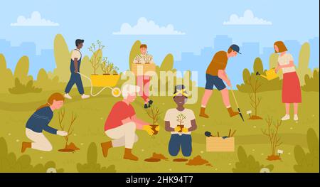 Giardinieri persone lavorano in giardino eco insieme illustrazione vettoriale. Cartoon comunità di bambini e adulti volontari giardinaggio, persone che piantano piantine di alberi in estate verde o parco di primavera Illustrazione Vettoriale