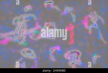 Ispirato da uomini e donne con copricapo in diverse posizioni. In alto a sinistra un carrello. Disegno fatto nel Veluwe e nella Germania settentrionale, figure con headdresses e un carrello. Paesi Bassi, riimmaginato da Artotop. L'arte classica reinventata con un tocco moderno. Design di calda e allegra luminosità e di raggi di luce. La fotografia si ispira al surrealismo e al futurismo, abbracciando l'energia dinamica della tecnologia moderna, del movimento, della velocità e rivoluzionando la cultura Foto Stock