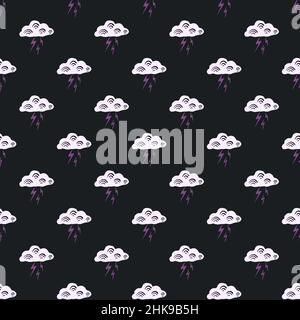 Nuvole con un fulmine di pattern senza giunture. Carino sfondo disegnato a mano. Texture ripetuta in stile doodle per carta da parati, carta da parati, tessuto. Illustrazione Vettoriale