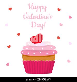 Cupcake con tre strati di crema e decorato con un cuore di glassa rossa con il testo scritto buon San Valentino. Sfondo bianco e biglietto d'auguri, poster, modello. Illustrazione vettoriale Illustrazione Vettoriale