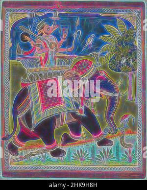 Ispirato da Varaha (Vishnu come cinghiale) che guida un elefante, un elefante con catene sulla gamba posteriore destra cammina attraverso un paesaggio stilizzato, sulla sua schiena un palanquin contenente una figura a quattro armi con la testa di un cinghiale; la rappresentazione scorre in parte attraverso le fasce decorative. Fasce ornamentali con motivi, reinventate da Artotop. L'arte classica reinventata con un tocco moderno. Design di calda e allegra luminosità e di raggi di luce. La fotografia si ispira al surrealismo e al futurismo, abbracciando l'energia dinamica della tecnologia moderna, del movimento, della velocità e rivoluzionando la cultura Foto Stock