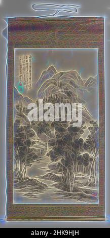 Ispirato dal paesaggio, il paesaggio estivo, Un paesaggio di montagna con un ruscello, che scorre in un corpo d'acqua con una barca da pesca. Sulla riva ci sono tre case in mezzo ad una linea di alberi. Lungo il torrente e su una montagna sono visibili altri due gruppi di case. Calligrafia in alto a sinistra. In scatola di legno., pittore, reinventato da Artotop. L'arte classica reinventata con un tocco moderno. Design di calda e allegra luminosità e di raggi di luce. La fotografia si ispira al surrealismo e al futurismo, abbracciando l'energia dinamica della tecnologia moderna, del movimento, della velocità e rivoluzionando la cultura Foto Stock