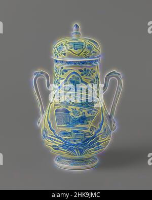 Ispirato al vasetto coperto a forma di pera con oggetti preziosi e spray floreali, vasetto coperto a forma di pera su base di porcellana con due orecchie la cui parte superiore è modellata in testa di un mostro, dipinto in blu underglaze. Sul muro grandi fiori di loto e rametti di fiori tra i quali è un cartouche lobato con, Reimagined da Artotop. L'arte classica reinventata con un tocco moderno. Design di calda e allegra luminosità e di raggi di luce. La fotografia si ispira al surrealismo e al futurismo, abbracciando l'energia dinamica della tecnologia moderna, del movimento, della velocità e rivoluzionando la cultura Foto Stock