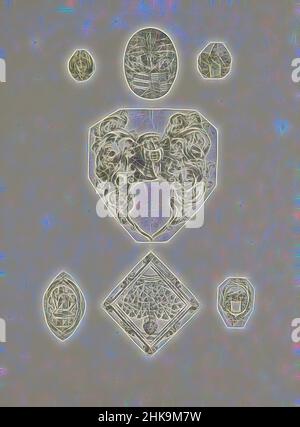 Ispirati da sei stemmi e da un blazon rederico, sette rappresentazioni su una foglia di album. Top Center uno stemma legato alla famiglia Van Egmond di Nijenburg. Accanto ad esso uno scudo con un ramo di palma, e un pappagallo come segno casco. La protezione al centro con un casco non è riempita. In basso, reinventato da Artotop. L'arte classica reinventata con un tocco moderno. Design di calda e allegra luminosità e di raggi di luce. La fotografia si ispira al surrealismo e al futurismo, abbracciando l'energia dinamica della tecnologia moderna, del movimento, della velocità e rivoluzionando la cultura Foto Stock