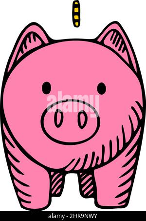Rosa Piggy banca isolato su sfondo bianco. Scatola per risparmi sicuri, monete, contanti, oro. Maialino in stile doodle. Concetto di design formazione finanziaria A. Illustrazione Vettoriale