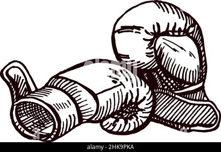 I guanti da boxe disegnano isolati. Attrezzatura sportiva per pugilato in stile disegnato a mano. Design retrò per poster, stampa, illustrazione del libro, logo, icona, tato Illustrazione Vettoriale