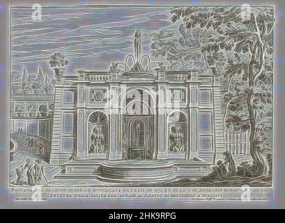 Ispirata alla Fontana nei giardini della Villa Aldobrandini a Frascati, Fontana nel secondo espresso doppia da i lati (...), Fontane delle ville di Frascati, Fontane di Frascati, la stampa fa parte di un album., tipografo: Giovanni Battista Falda, tipografo: Italia, Reimagined by Artotop. L'arte classica reinventata con un tocco moderno. Design di calda e allegra luminosità e di raggi di luce. La fotografia si ispira al surrealismo e al futurismo, abbracciando l'energia dinamica della tecnologia moderna, del movimento, della velocità e rivoluzionando la cultura Foto Stock