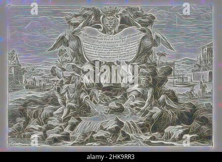 Ispirate alla Fontana con dedizione e stemma di Livio Odescalchi, le fontane ne palazzi e ne giardini di Roma, fontane nei palazzi e nei giardini di Roma, al centro una fontana con dedizione e stemma di Livio Odescalchi. In primo piano due divinità del fiume e Romolo, reinventato da Artotop. L'arte classica reinventata con un tocco moderno. Design di calda e allegra luminosità e di raggi di luce. La fotografia si ispira al surrealismo e al futurismo, abbracciando l'energia dinamica della tecnologia moderna, del movimento, della velocità e rivoluzionando la cultura Foto Stock