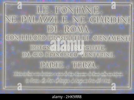 Ispirate dalla stampa del titolo con titolo incorniciato, le fontane ne palazzi e ne giardini di Roma, Fontane nei palazzi e giardini di Roma, numerate in basso a destra: 1. La stampa fa parte di un album., stampatore:, editore: Giovanni Giacomo de'Rossi, editore: Rome, Vaticaanstad, 1653 - 1691, paper, Incisione, reinventata da Artotop. L'arte classica reinventata con un tocco moderno. Design di calda e allegra luminosità e di raggi di luce. La fotografia si ispira al surrealismo e al futurismo, abbracciando l'energia dinamica della tecnologia moderna, del movimento, della velocità e rivoluzionando la cultura Foto Stock