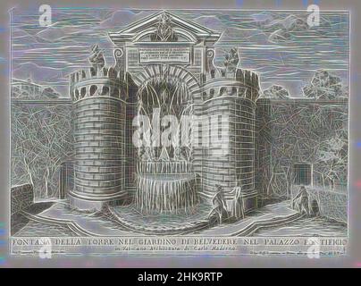 Ispirate dalla Fontana dei Giardini Vaticani, Fontana della torre nel giardino di Belvedere nel Palazzo pontificio (...), le fontane ne palazzi e ne giardini di Roma, Fontane nei palazzi e giardini di Roma, numerate in basso a destra: 4. La stampa fa parte di un album., stampatore: Giovanni Francesco, reinventato da Artotop. L'arte classica reinventata con un tocco moderno. Design di calda e allegra luminosità e di raggi di luce. La fotografia si ispira al surrealismo e al futurismo, abbracciando l'energia dinamica della tecnologia moderna, del movimento, della velocità e rivoluzionando la cultura Foto Stock