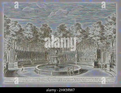 Ispirate dalla Fontana di Villa Borghese a Roma, due fontane simili nel giardino del segno prencipe Borghese (...), le fontane ne palazzi e ne giardini di Roma, Fontane nei palazzi e giardini di Roma, numerate in basso a destra: 15. La stampa fa parte di un album., stampatore: Giovanni Francesco, reinventato da Artotop. L'arte classica reinventata con un tocco moderno. Design di calda e allegra luminosità e di raggi di luce. La fotografia si ispira al surrealismo e al futurismo, abbracciando l'energia dinamica della tecnologia moderna, del movimento, della velocità e rivoluzionando la cultura Foto Stock