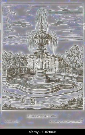 Ispirandosi alla Fontana nei giardini di Villa Doria Pamphilj a Roma, lili Pamphylii Fons, le fontane ne palazzi e ne giardini di Roma, Fontane nei palazzi e giardini di Roma, numerate in basso a destra: 23. La stampa fa parte di un album., stampatore: Giovanni Battista Falda, Giovanni Battista Falda, reimmaginato da Artotop. L'arte classica reinventata con un tocco moderno. Design di calda e allegra luminosità e di raggi di luce. La fotografia si ispira al surrealismo e al futurismo, abbracciando l'energia dinamica della tecnologia moderna, del movimento, della velocità e rivoluzionando la cultura Foto Stock
