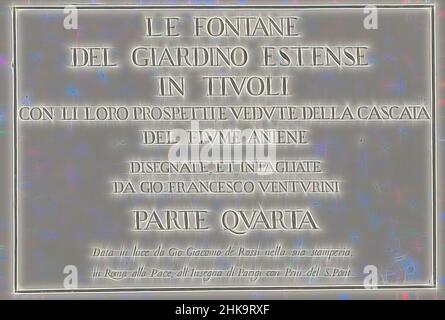 Ispirate dalla stampa del titolo con titolo incorniciato, le fontane del giardino Estense a Tivoli, fontane nei giardini di Villa d'Este a Tivoli, numerate in basso a destra: 1. La stampa fa parte di un album., stampatore:, editore: Giovanni Giacomo de'Rossi, editore: Rome, Vaticaanstad, 1653 - 1691, paper, Reinventato da Artotop. L'arte classica reinventata con un tocco moderno. Design di calda e allegra luminosità e di raggi di luce. La fotografia si ispira al surrealismo e al futurismo, abbracciando l'energia dinamica della tecnologia moderna, del movimento, della velocità e rivoluzionando la cultura Foto Stock